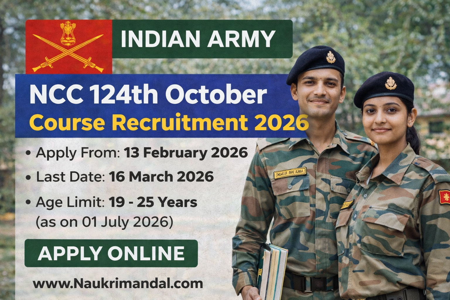 Indian Army Men Women NCC Special Entry 124 Course October 2026 Batch Apply Online for 76 Post