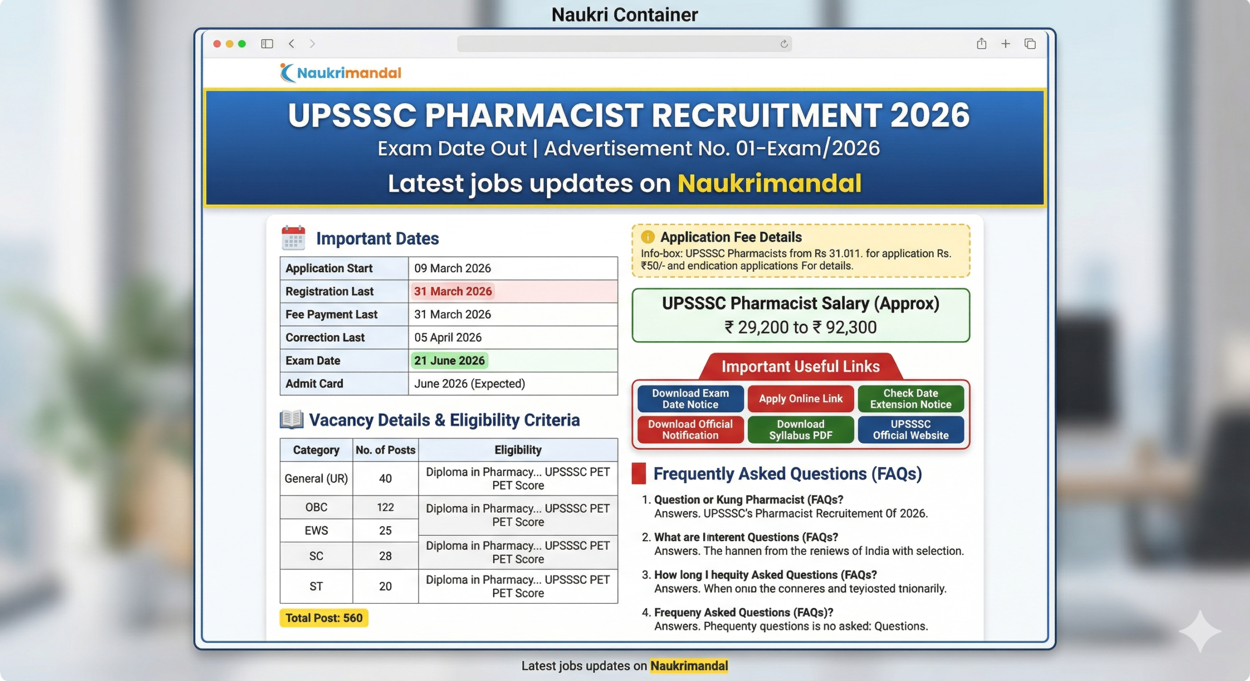 UPSSSC Pharmacist Exam Date 2026